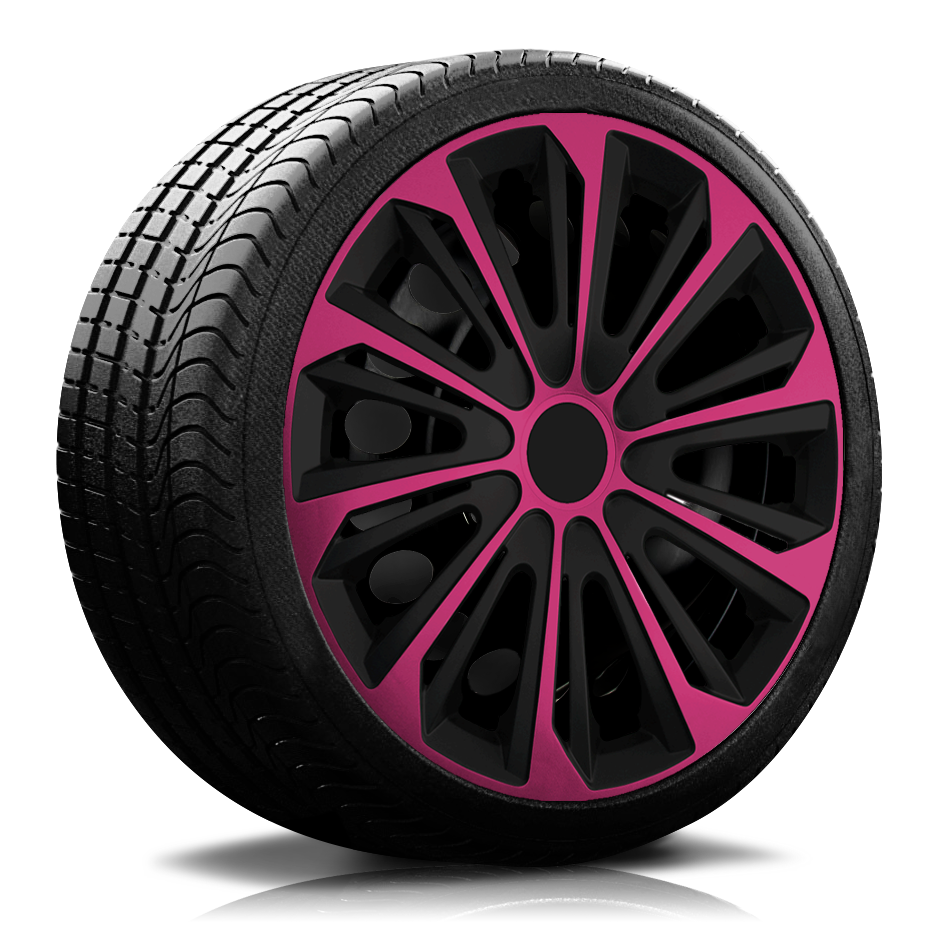 Ein Reifen mit Felge, auf der eine Radkappe des Modells RKK06 schwarz-pink ist.