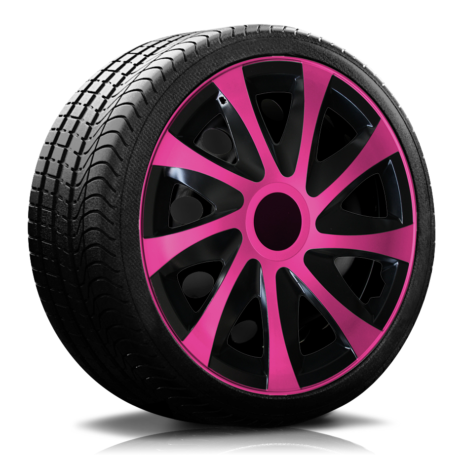 Ein Reifen mit Felge, auf der eine Radkappe des Modells RKK04 schwarz-pink ist.